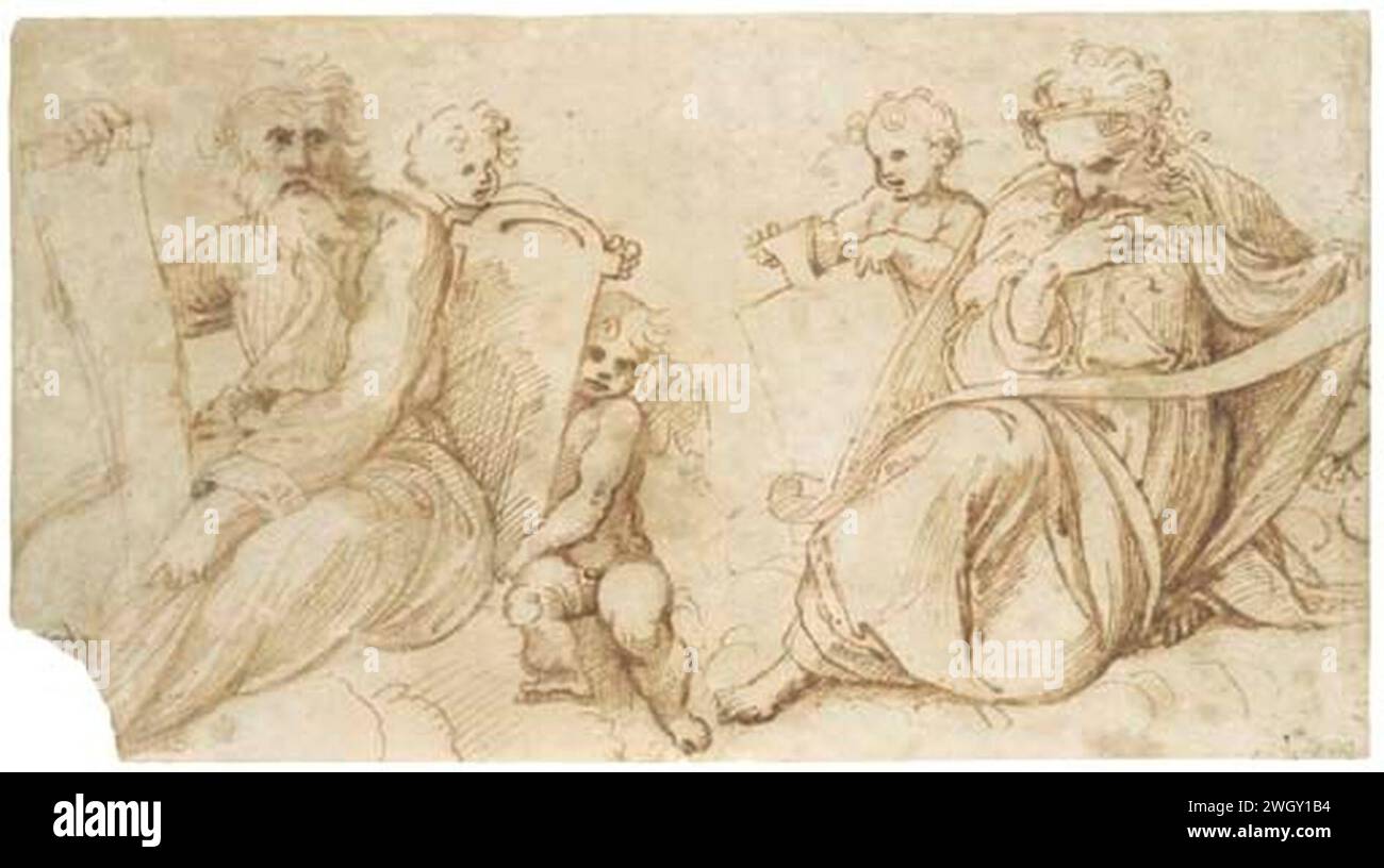 Attribué à Raffaello Sanzio - deux prophètes avec des rouleaux assis avec des putti tenant des comprimés, lot-3874088. Banque D'Images