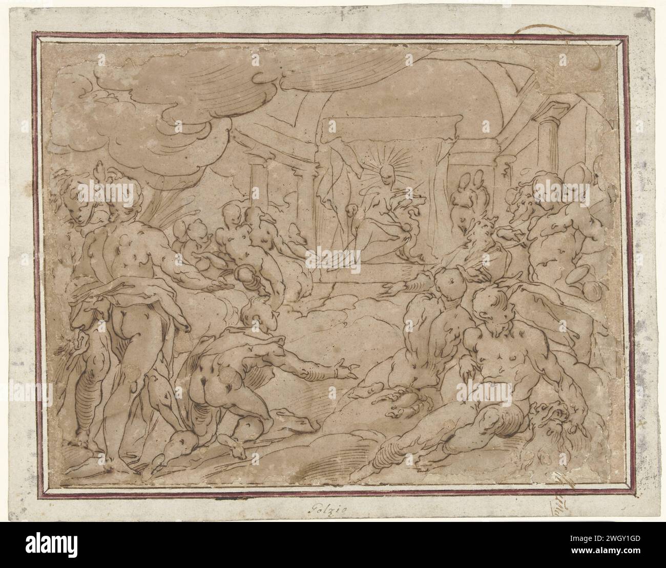 Phaëton demande à Apollon pour la voiture solaire, Hendrick Goltzius (École de), 1558 dessin Apollon est assis sur un trône en arrière-plan. Divers dieux sont et se tiennent au premier plan. Phaeton s'agenouille entre eux. Sur le verso, deux études d'un garçon debout. papier. Encre stylo / pinceau (histoire de) Apollo (Phoebus) Banque D'Images