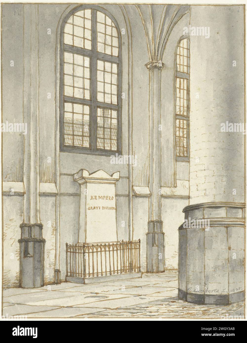 Monument funéraire de J.M. Kemper, dans le Pieterskerk à Leyde, Gerrit Lamberts, 1835 papier à dessin. stylo à encre / brosse tombeau de construction, tombeau monumental. Intérieur de l'église Pieterskerk Banque D'Images
