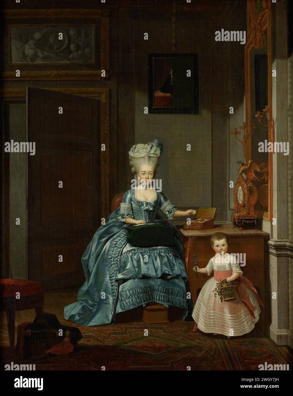 Susanna van Collen née Mogge et sa fille, Hermanus Numan, 1776 peinture Portrait de Suzanna Cornelia Mogge (1753-1806), deuxième épouse de Hendrik Muilman (1743-1812), avec sa fille Johanna Ferdinanda (1774-1833) de son mariage avec Ferdinand van Collen (1741-73). Assis dans un salon, occupé avec des bobines de dentelle. Sa fille a un panier avec des fleurs à la main. Au-dessus de la porte une grisaille, une peinture au mur, une boîte à coudre sur la table et un pendule. toile. Peinture à l'huile (peinture) personnes historiques - BB - femme. mère et fille(s) (groupe familial). intérieur de la maison. fabrication de lacets Banque D'Images