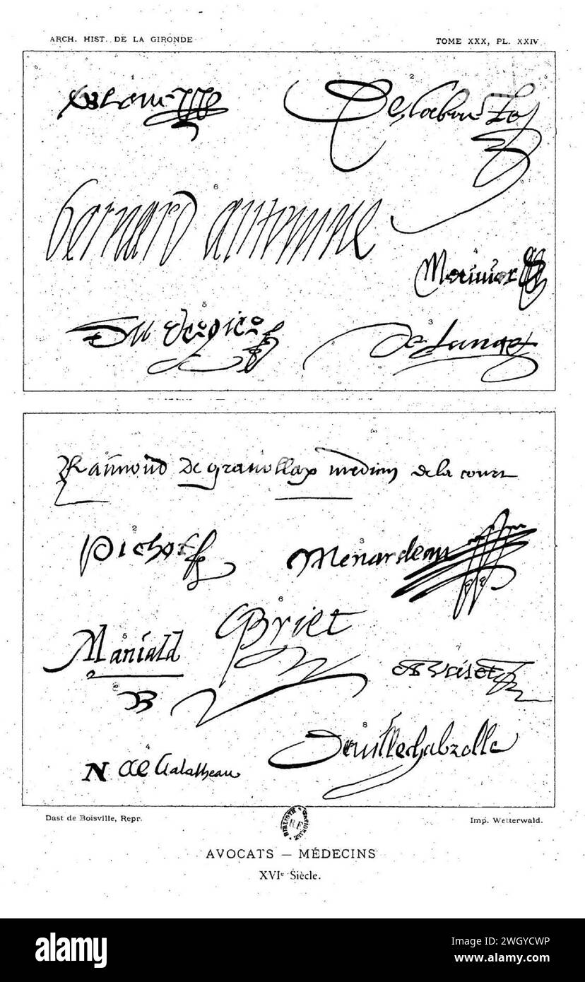Autographes de personnages ayant marqué dans l'histoire de Bordeaux et de la Guyenne Banque D'Images