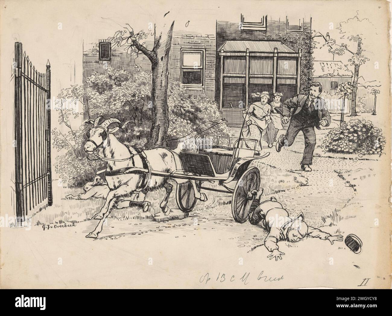 Garçon et fille tombent d'une voiture, Gijsbertus Johannes van Overbeek, 1892 - 1947 dessin Un garçon et une fille tombent d'une voiture qui est tirée à travers une chèvre galopante. Les deux tombent de chaque côté d'un chemin. En arrière-plan, un homme et deux femmes sont précipités. papier. Encre de Inde (encre). accident de stylo crayon avec véhicule tiré par des animaux. portail, entrée Banque D'Images