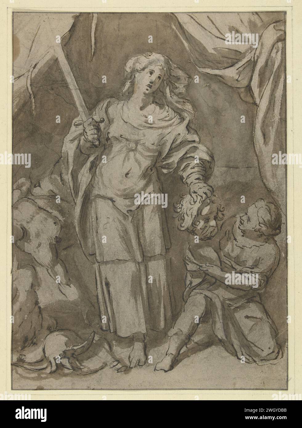 Judith avec la tête d'Holofernes, 1576 - 1656 dessin Judith sort de la tente avec une épée dans une main et dans l'autre la tête d'Holofernes. Bras gauches. Sur la droite, sa servante s'agenouille avec un sac à mettre dans la tête. papier. graphite (minéral). Craie / pinceau Judith et sa servante ont mis la tête d'holoherne dans un sac Banque D'Images