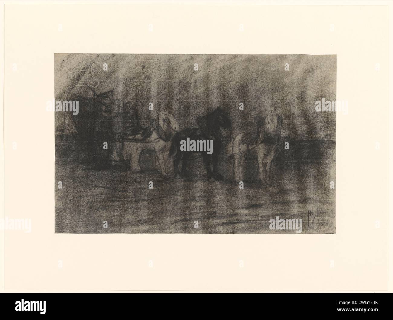 Chevaux pour une voiture, Maurits van der Valk, c. 1867 - c. 1935 papier à dessin. wagon (ferme), wagon de fret, chariot Banque D'Images