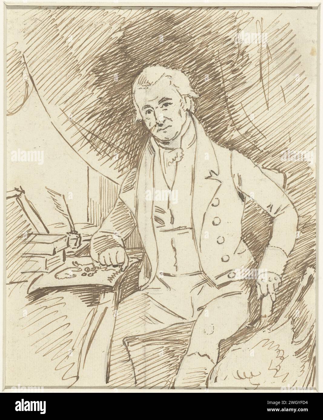 Portrait du physicien Martinus van Marum, assis à une table d'écriture, anonyme, c. 1812 - c. 1813 papier à dessin. crayon. aquarelle (peinture). stylo à encre / brosse personnes historiques. etude ; 'studiolo' ; bibliothèque Banque D'Images