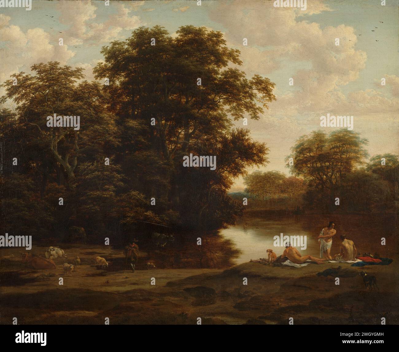 Paysage avec des baigneurs, Joris van der Haagen, Nicolaes Pietersz Berchem, c. 1660 peinture paysage forestier avec des baigneurs. Sur les rives d'un étang forestier, certains hommes (bergers) se séchent après la baignade. Il y a encore quelques chiffres dans l'eau. Sur la gauche quelques bovins. toile. peinture à l'huile (peinture) étang, piscine. river. natation (sport). Bains publics - AA - en plein air Banque D'Images