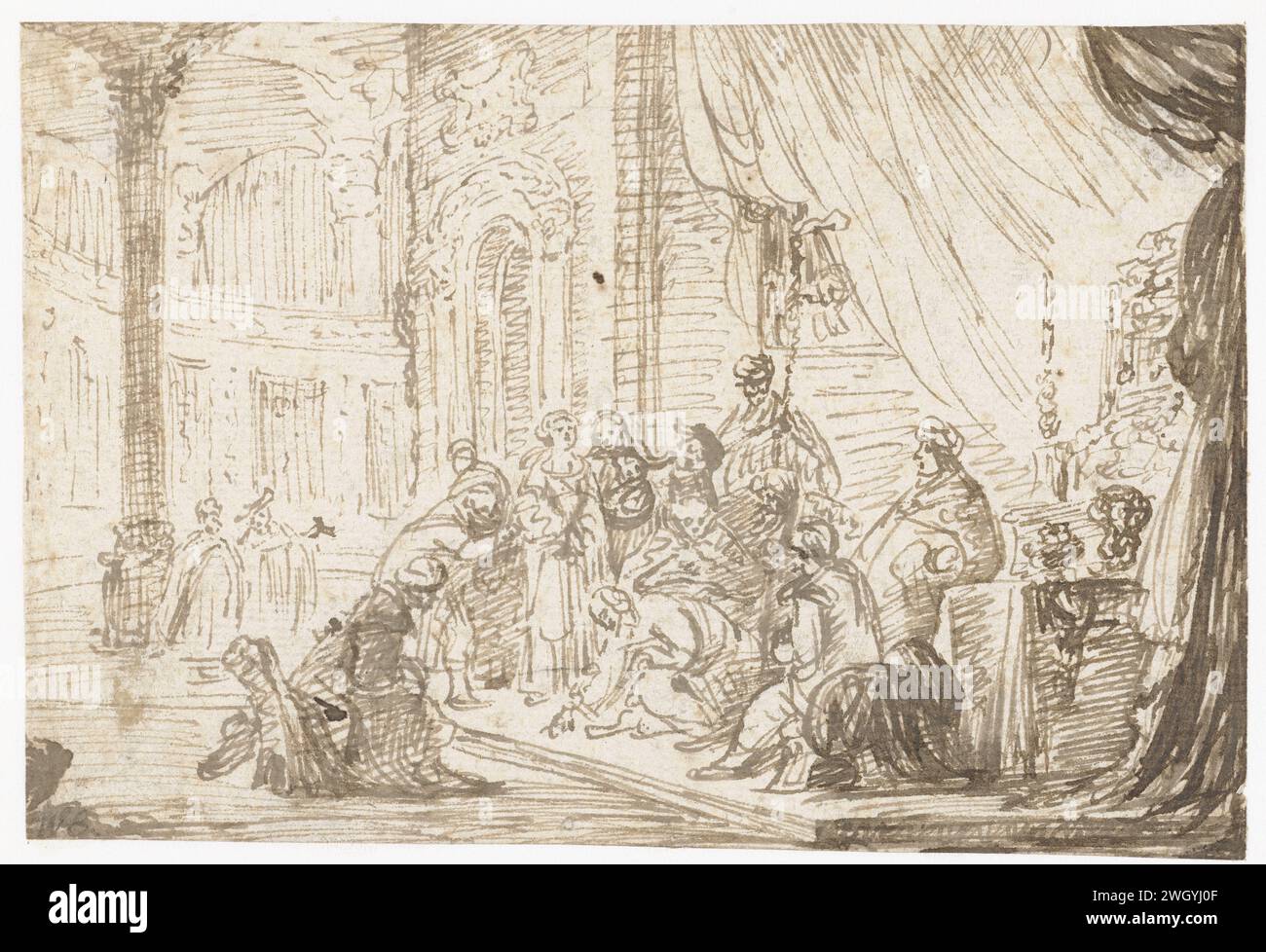 Christ et la femme adultère, Jacob de Wet (II), 1650 - 1697 papier à dessin. Stylo à encre Christ pointe ou écrit sur le sol. Christ pointe ou écrit sur le sol Banque D'Images