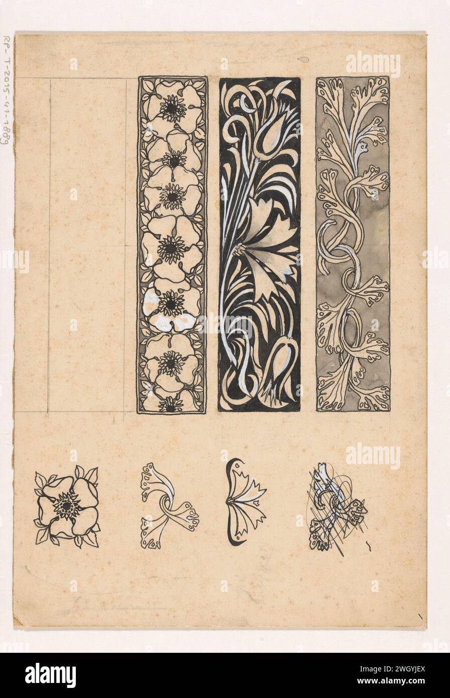 Ornements avec des fleurs, Willem Wenckebach, 1870 - 1937 dessin sept dessins pour des ornements avec des fleurs (stylisées) et des motifs floraux, y compris sous la forme de pneus décoratifs horizontaux. carton. Encre de Inde (encre). crayon. deck peinture stylo / pinceau fleurs  ornement Banque D'Images