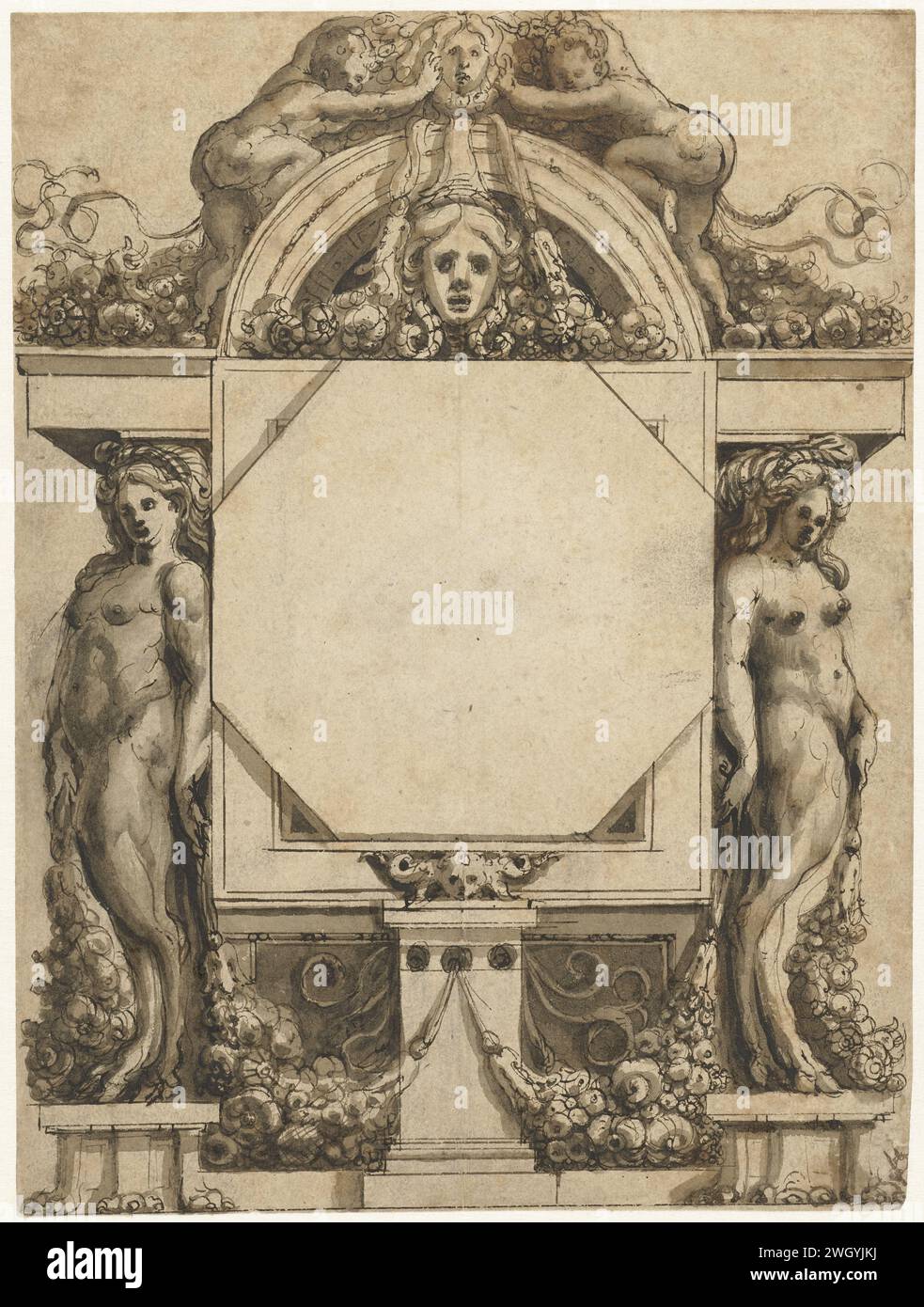 Dessin pour une décoration murale, cigoli, c. 1569 - c. 1610 dessin partie d'un trompe l'oeil décoratif d'une façade, avec deux figures féminines à gauche et à droite d'une section médiane sur laquelle une construction en forme d'arc contenant une tête et au-dessus de deux putti qui tient une tête dans une couronne. L'ensemble est basé sur des colonnes avec décoration d'ornement. papier. stylo à encre / pinceau Banque D'Images
