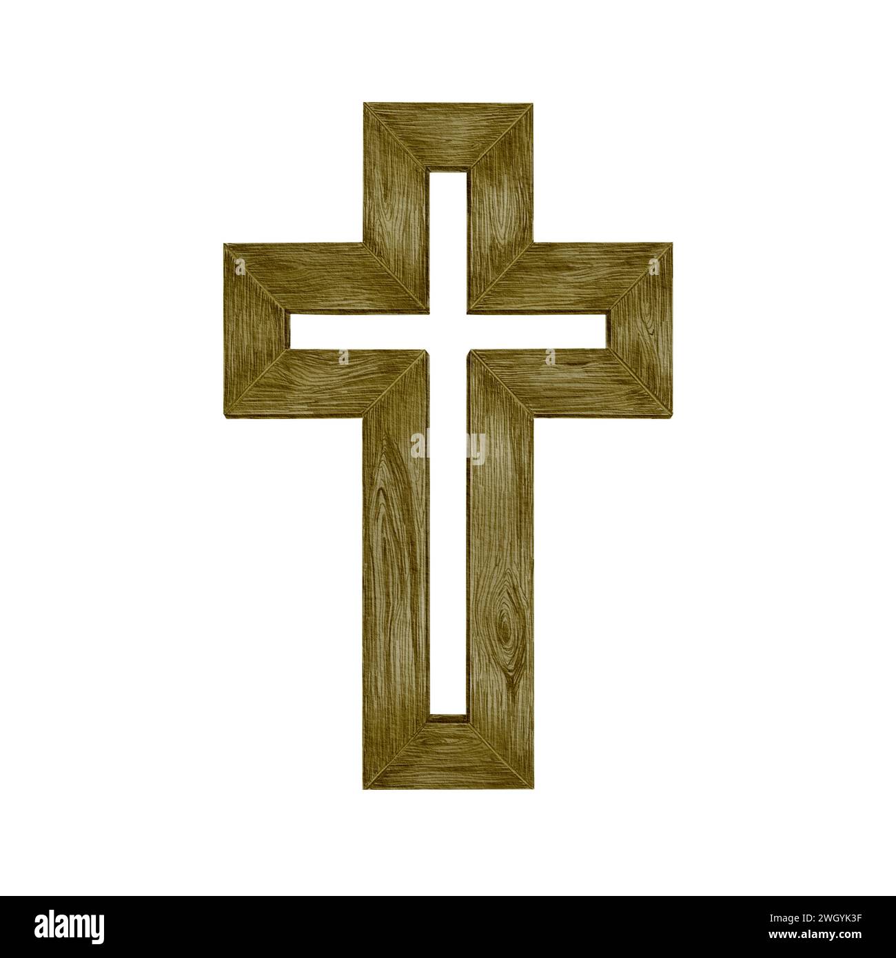 Croix chrétienne en bois.clipart aquarelle.minimalisme simple.le symbole catholique ou orthodoxe peint à la main pour la première communauté, le baptême et Pâques Banque D'Images