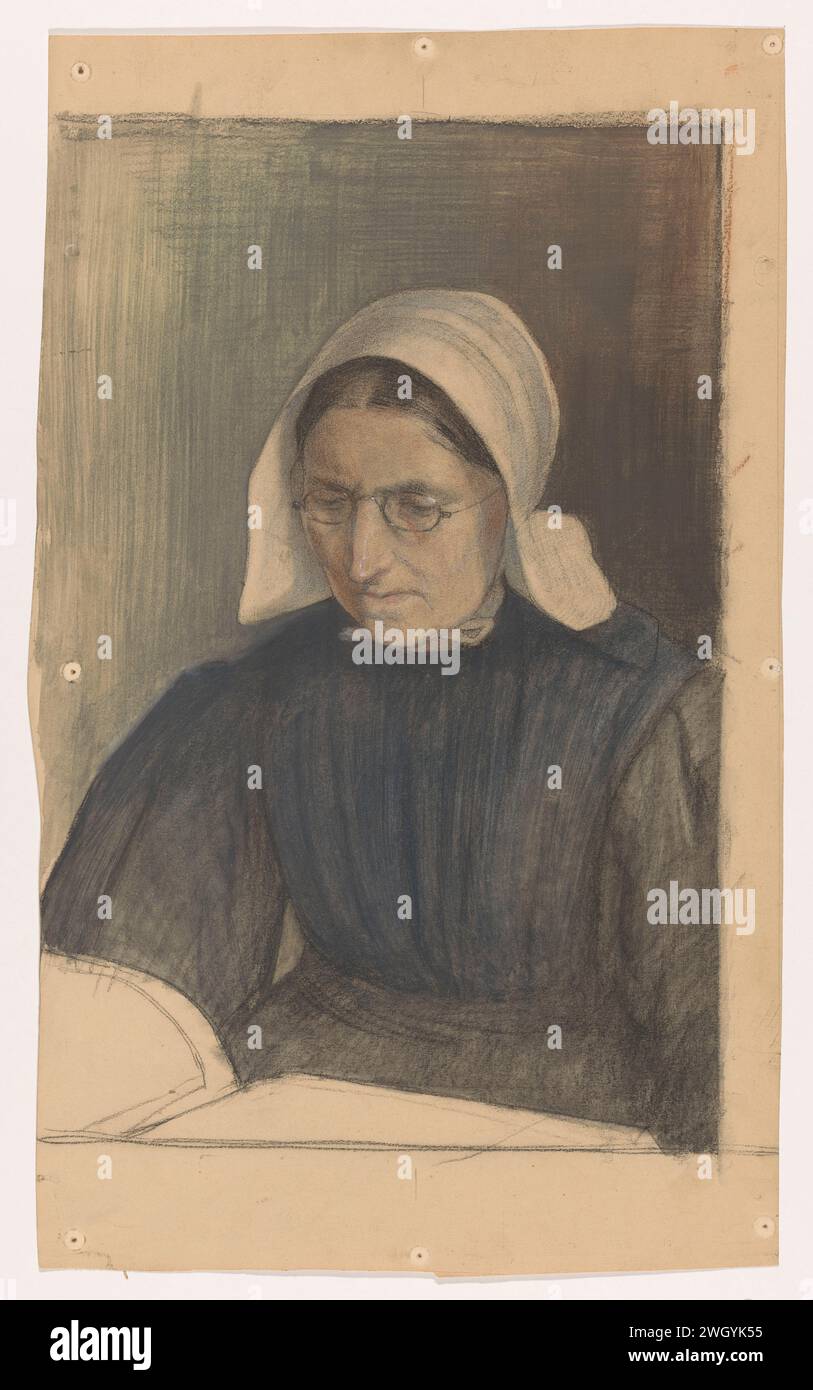 Femme de lecture en costume traditionnel Gooise, Martinus van Regteren Altena, 1876 - 1908 papier à dessin. crayon. craie. lecture du pinceau de pont. Femme adulte Hollande du Nord. Jetez-le Banque D'Images