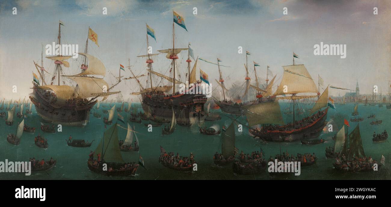 Le retour à Amsterdam de la deuxième expédition aux Indes orientales, Hendrick Cornelisz Vroom, 1599 peignant le retour à Amsterdam de la deuxième expédition aux Indes orientales, la soi-disant deuxième Schipvaart, dirigée par Jacobus van Neck, le 19 juillet 1599. Les quatre grands navires Mauritius, Hollant, Overijssel et Vrieslant sur l'IJ entourés par de nombreux petits Scheepjes et bateaux à rames entièrement chargés. Juste au loin le profil d'Amsterdam. toile. peinture à l'huile (peinture) voilier, voilier. Abritant Amsterdam. Inde orientale. Ij Banque D'Images