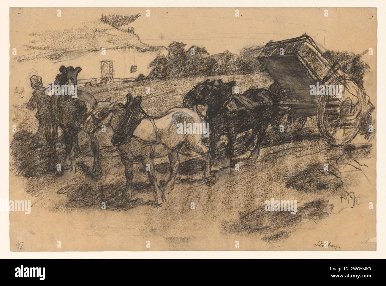 Toom de trois chevaux pour une voiture sur une terre arable en pente dans le Limbourg, Pieter de Josselin de Jong, 1871 - 1906 papier à dessin. wagon à craie (ferme), wagon de fret, chariot Banque D'Images