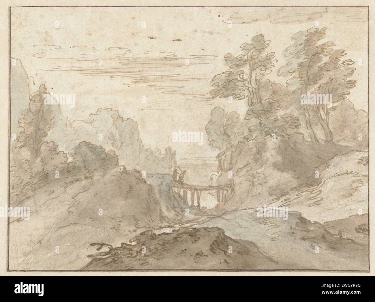 Paysage de montagne avec deux figures sur un pont étroit, Pieter Dircksz van Santvoort (possible), 1615 - 1653 papier à dessin. stylo à encre / pinceau pays de basse colline. paysage avec pont, viaduc ou aqueduc Banque D'Images