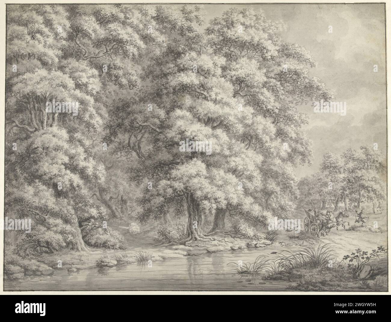 Paysage forestier avec tireur et voiture fugitive, anonyme, 1700 - 1800 papier à dessin. forêt de pinceau à craie, bois Banque D'Images