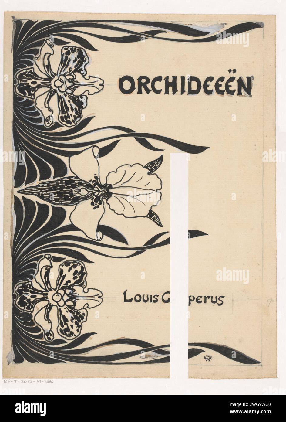 Design de bande pour : Louis Couperus, Orchideeën, 1895, Willem Wenckebach, en ou avant 1895 dessin Design avec trois orchidées stylisées sur la gauche avec des feuilles entre elles qui s'étendent horizontalement sur le pneu. papier. encre. peinture de pont. stylo crayon / pinceau fleurs : orchidée Banque D'Images