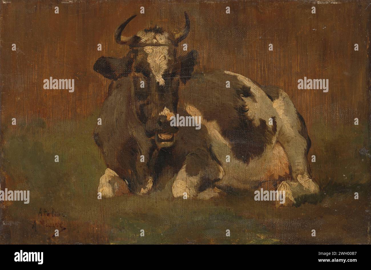 Vache couchée, Anton Mauve, c. 1860 - c. 1888 peignant Une vache couchée, vue de face. panneau. peinture à l'huile (peinture) vache Banque D'Images