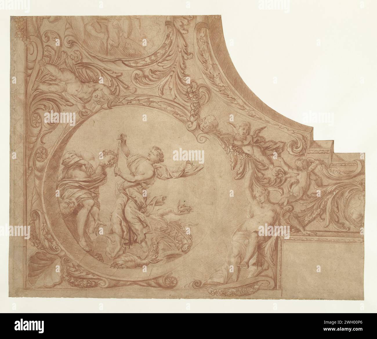 Conception d'un coin de plafond avec Jason et Médée, Mattheus Terwest, d'après Augustin Terwest (I), 1680 - 1757 dessin coin de plafond avec Jason et Médée dans un cartouche rond ; sur la moitié gauche d'une représentation de Vénus en deuil au corps d'Adonis. papier. Craie Vénus en deuil Adonis. cupidons : 'amores', 'amoretti', 'putti'. ornement acanthus . Jason et Médée à l'autel d'Hécate (ou Diane) : Médée lui donne une herbe magique ou un onguent. plafond (décoré) Banque D'Images