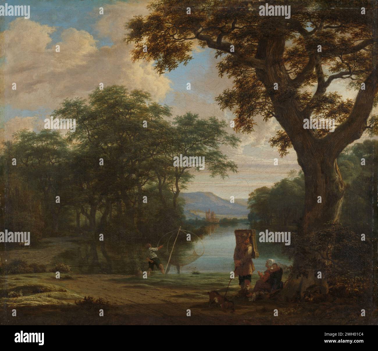 Paysage avec pêcheur avec un filet carré, Joris van der Haagen, c. 1645 - c. 1655 peinture paysage avec pêcheur avec un filet croisé. Dans un étang de la forêt, un pêcheur sort son filet de l'eau. Au premier plan un Marskramer dans une femme assise sous un grand arbre. toile. Peinture à l'huile (peinture) RIVIÈRE. Filet de pêche. tampons Banque D'Images