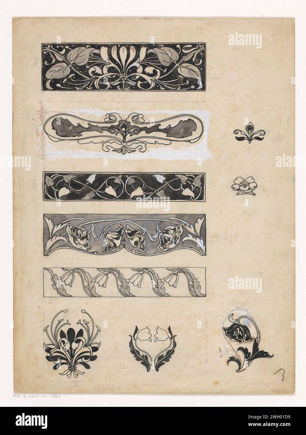 Ornements avec des fleurs, Willem Wenckebach, 1870 - 1937 dessin de dix dessins pour des ornements avec des fleurs (stylisées), y compris sous la forme de pneus décoratifs horizontaux. carton. Encre de Inde (encre). peinture de pont. aquarelle (peinture). stylo crayon / pinceau fleurs  ornement Banque D'Images
