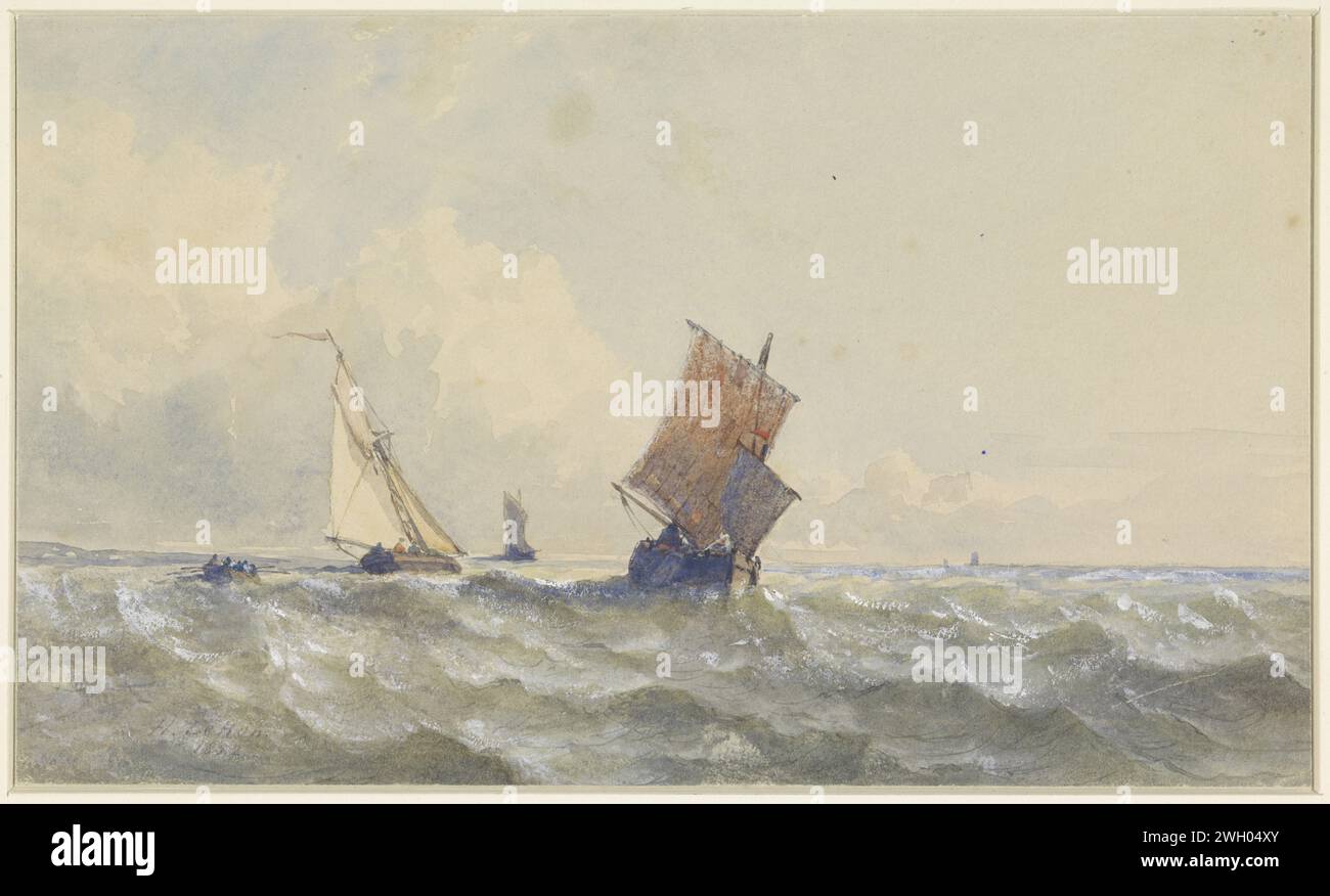 Vue en haute mer, sur laquelle trois voiliers, Henri le Hon, 1852 papier à dessin. aquarelle (peinture) pinceau mer (paysage marin). voilier, voilier Banque D'Images