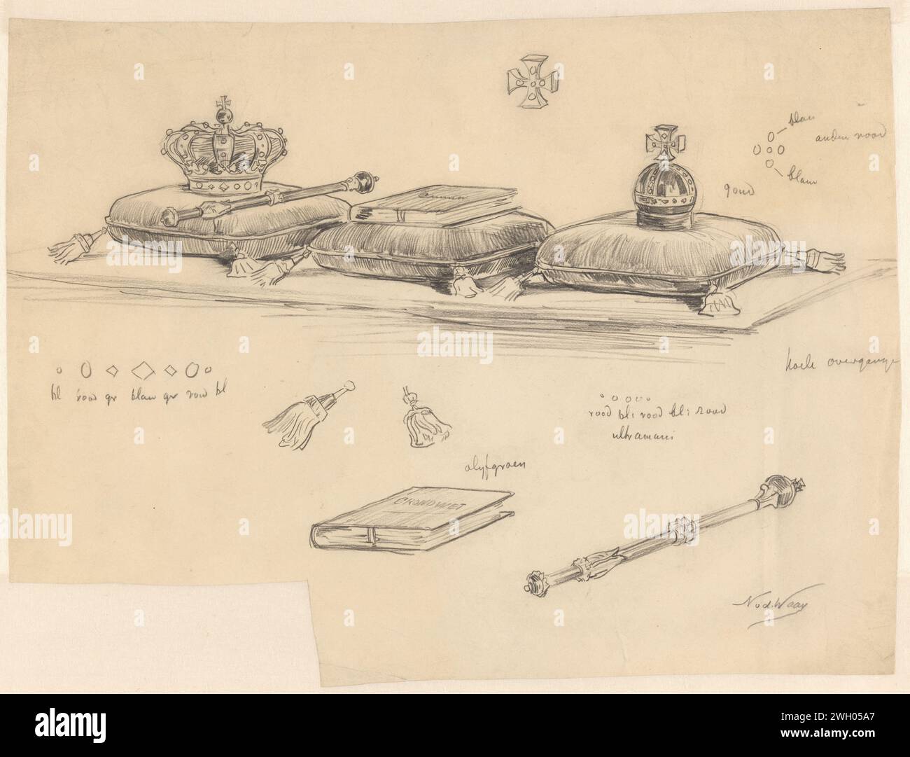 Coussins avec couronne, sceptre, Constitution et Rijksappel, Nicolaas van der Waay, dans ou avant 1898 dessin au fond études du sceptre, constitution et décorations des oreillers. papier. couronne de craie (symbole de souveraineté). sceptre, bâton (symbole de souveraineté). orbe (symbole de souveraineté ; sphère avec une croix sur le dessus) Banque D'Images