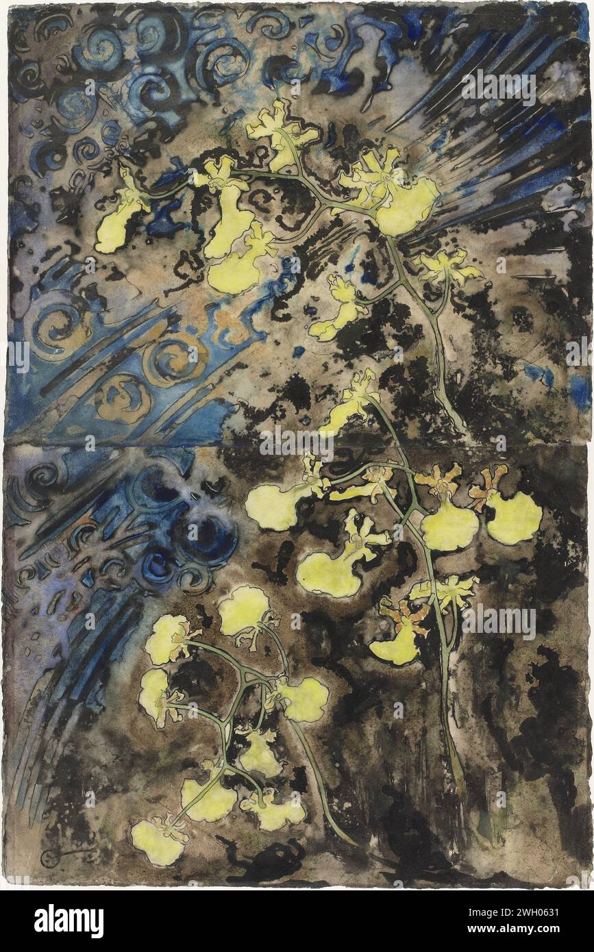 Panneau mural avec orchidées, Gerrit Willem Dijsselhof, v. 1892 dessin Design pour un panneau mural avec orchidées jaunes. papier. aquarelle (peinture). pinceau crayon couverture de livre, reliure. fleurs : orchidée Banque D'Images