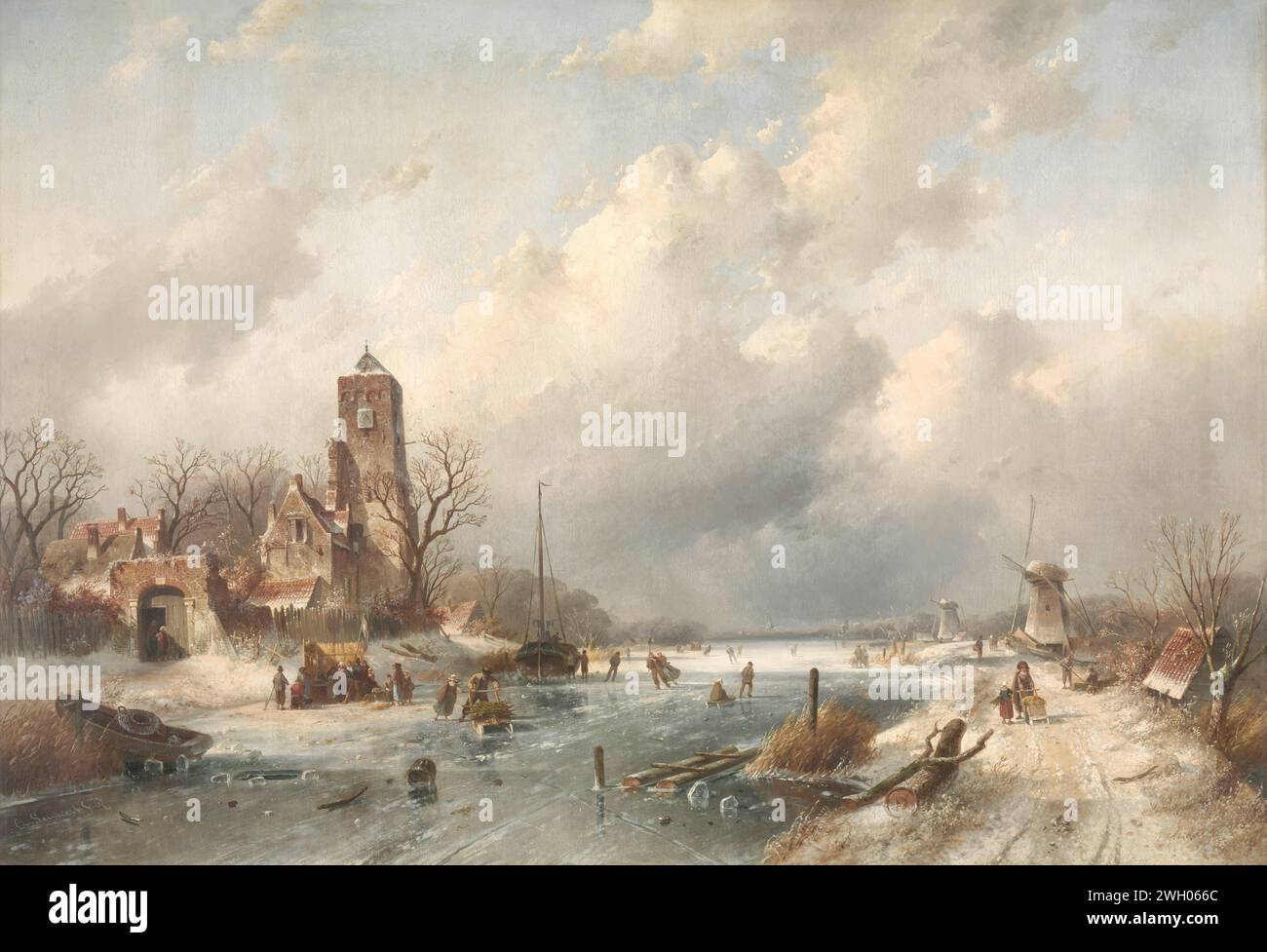 Scène d'hiver, Charles Leickert, 1867 peinture visage d'hiver. Paysage de neige et de glace. Canal gelé à l'extérieur d'un village, à gauche une église, à droite quelques moulins sur une digue. Sur la glace, on patine et quelques personnages avec des traîneaux. Sur la gauche une stalle où un drapeau est suspendu à l'extérieur. toile. peinture à l'huile (peinture) canaux, eaux (en ville). paysage d'hiver ; paysage symbolisant l'hiver (les quatre saisons de l'année). patins (sports d'hiver) Banque D'Images