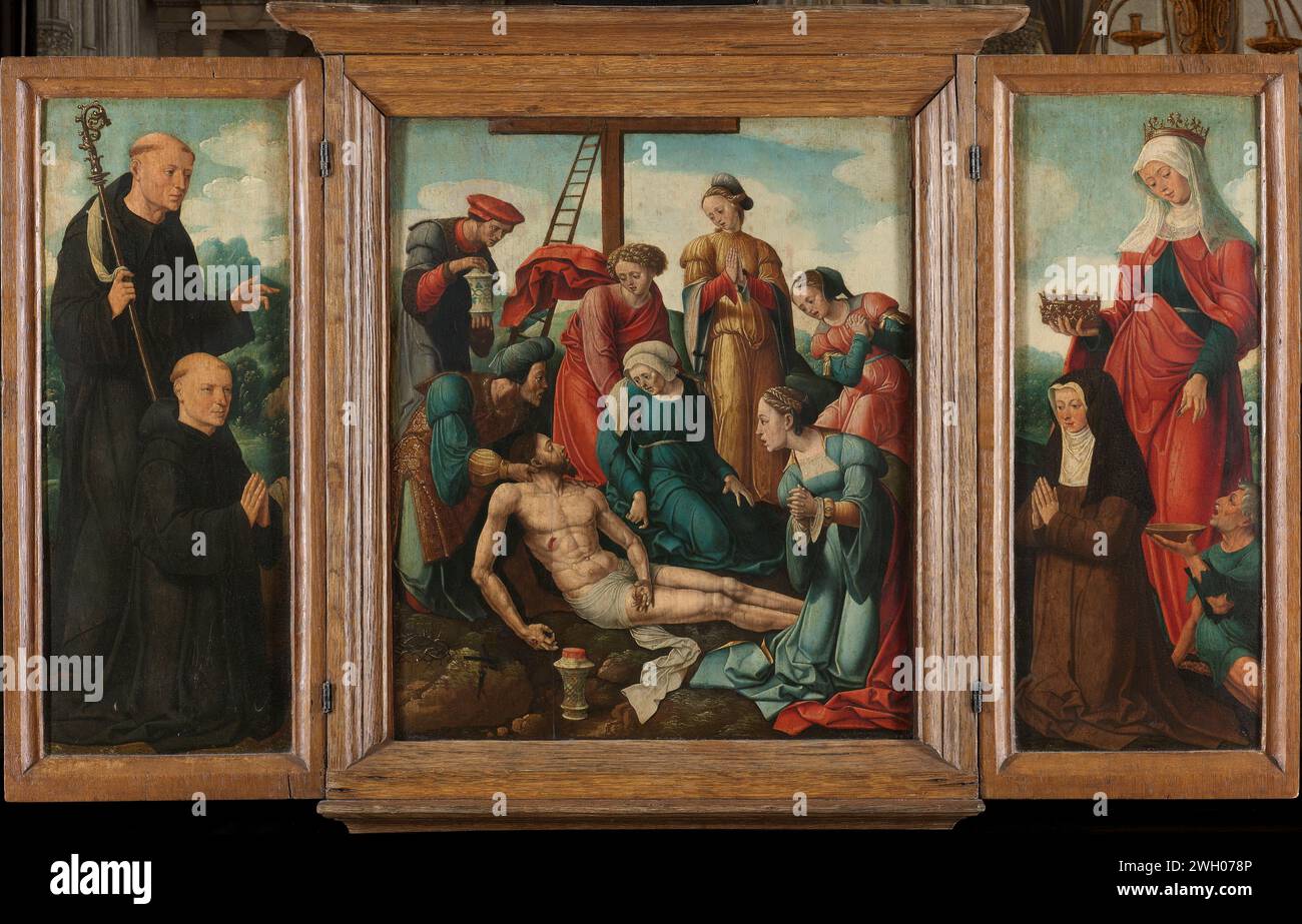 Triptyque avec la Lamentation du Christ (au centre), flanqué du donneur mâle avec Saint Benoît (gauche, aile intérieure) et donneur femelle avec Sainte Élisabeth de Thuringe (droite, aile intérieure), Cornelis Cornelisz II achète (attribué à), c. 1540 - c. 1545 peignant Triptyque avec la mission du Christ. Sur le panneau central l'atténuation du Christ. Le corps vient d'être pris de la croix, Maria, John, Maria Magdalena et d'autres s'agenouillent autour de lui. Sur le panneau latéral gauche un fondateur mâle agenouillé, un moine priant, avec un moine Saint debout. Sur le panneau latéral droit, la fondatrice agenouillée, une religieuse priante Banque D'Images