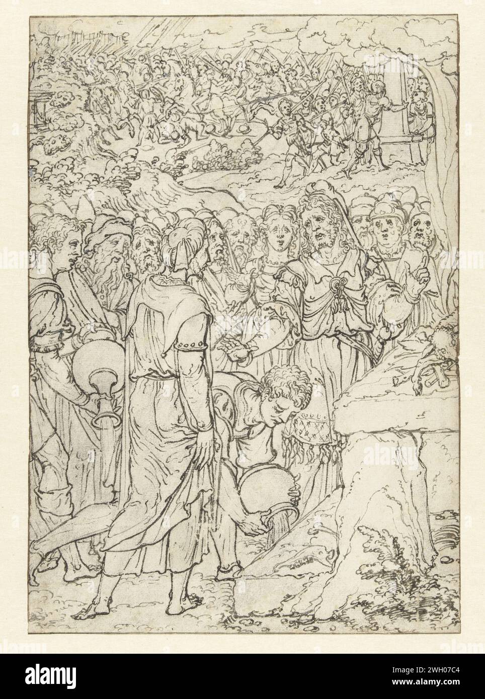Samuel sacrifie un mammifère avec Jahwe, Dirck Pietersz. Crabeth, 1540 - 1550 dessin conception pour une fenêtre de verre, avec une performance de Samuel qui sacrifie un agneau allaité à Yahweh ; en arrière-plan : les Philistins sont vaincus par les Israélites et Samuel établit un mémorial (1 Sam. 7 : verset 9-12) ; probablement pour la même maison que dans inv. No RP-T-1992-84. papier. craie. stylo à encre Banque D'Images
