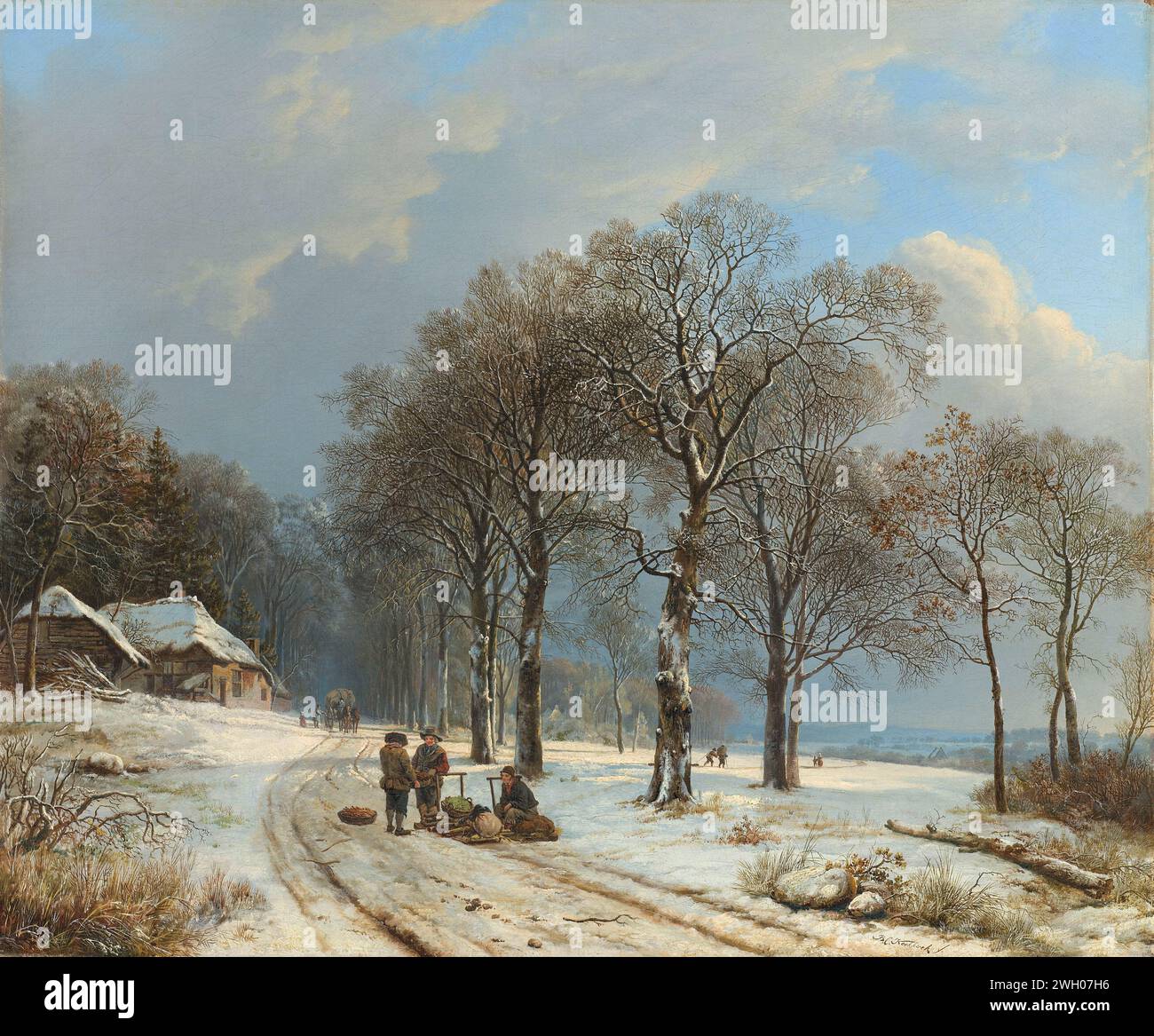 Paysage d'hiver, Barend Cornelis Koekkoek, 1835 - 1838 peinture paysage d'hiver. Vue sur une large avenue, couverte de neige, qui mène devant une forêt. Au premier plan trois garçons avec Sleden. Plus en arrière une voiture est tirée par deux chevaux sur la route devant une ferme. toile. peinture à l'huile (peinture) neige. paysage d'hiver ; paysage symbolisant l'hiver (les quatre saisons de l'année). traîneau, traîneau (non sportif). ferme ou maison solitaire dans le paysage Banque D'Images