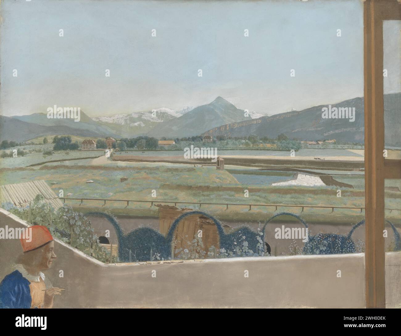 Vue vers le massif du Mont Blanc depuis l'atelier de l'artiste à Genève, avec Autoportrait, Jean-Etienne Liotard, 1765 - 1770 dessin vue depuis l'atelier de l'artiste près de Genève. Paysage avec des champs et quelques maisons de campagne, dans les montagnes lointaines. Au premier plan un autoportrait de Jean Etienne Liotard avec un stylo à la main. Fait partie de la collection pastels. montagnes de parchemin (matériel animal). portrait, autoportrait de peintre. portrait, autoportrait d'artiste. Personnalités historiques Genève. Mont Blanc Banque D'Images