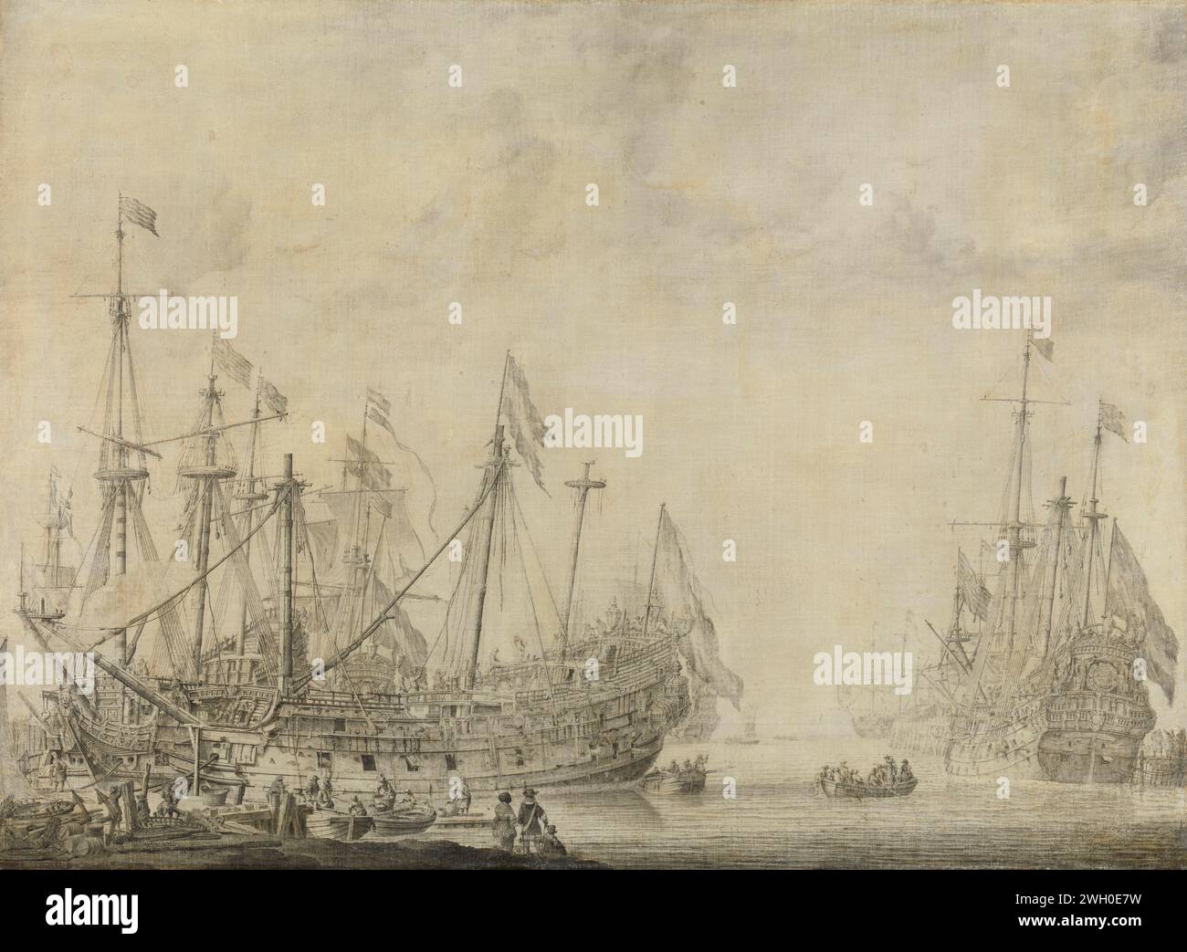 Navires après la bataille, Willem van de Velde (I), 1630 - 1672 peinture des navires après la bataille. Des navires de guerre hollandais battus et un navire anglais capturé sont tués dans un port. A gauche la Brederode, sans galljoen, à droite l'Amalia. toile. bateau à voile à encre, bateau à voile. navy Hellevoetsluis Banque D'Images