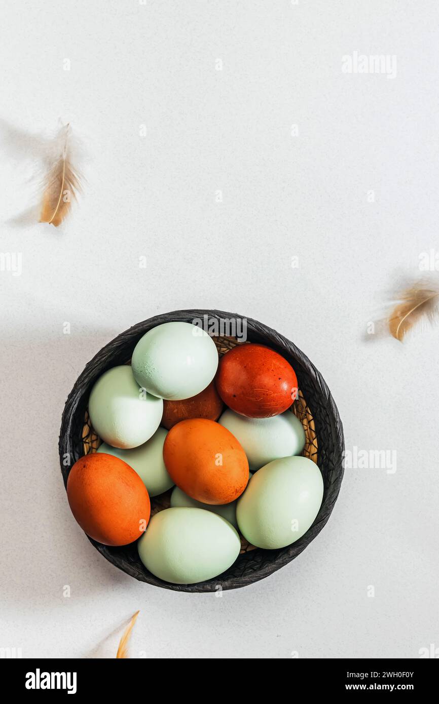Variété d'œufs biologiques et plumes d'oiseaux, vue de dessus. Composition de Pâques Banque D'Images