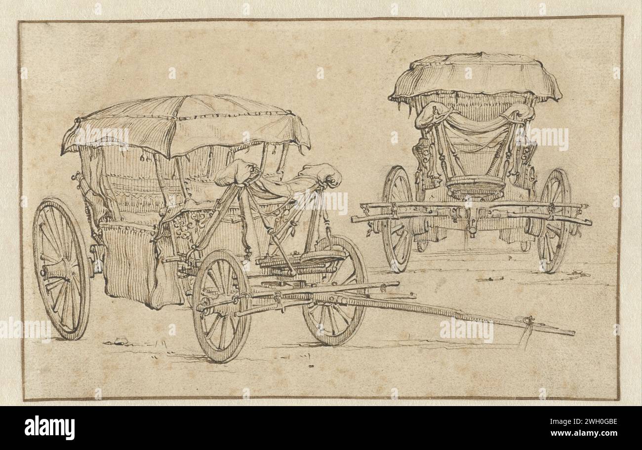 Vu voiture de voyage de deux coins différents, Jan van de Velde (II), 1603 - 1641 papier à dessin. graphite (minéral). craie. stylo à encre véhicule à quatre roues, tiré par des animaux, p.ex. : cabine, voiture, autocar. véhicule à quatre roues, tiré par des animaux, par exemple : cabine, voiture, autocar Banque D'Images