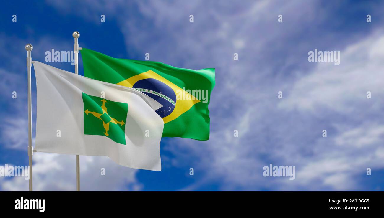 Drapeaux officiels du pays Brésil et le Distrito Federal. Balançant dans le vent sous le ciel bleu. rendu 3d. Banque D'Images