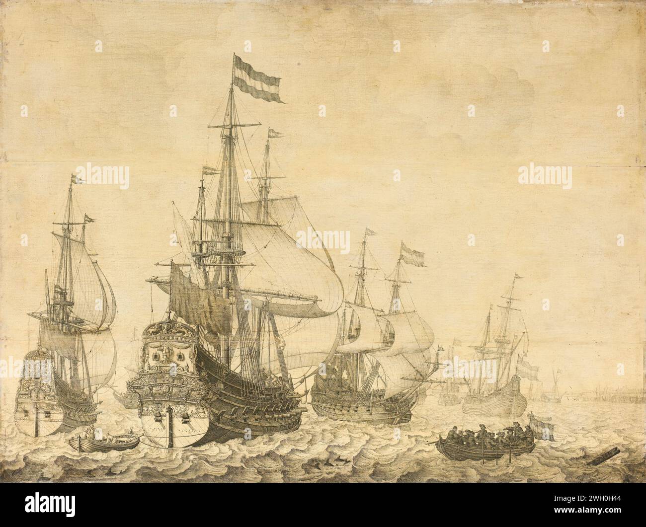 Paysage marin avec les hommes de guerre hollandais, y compris la «Drenthe» et le «Prince Frederick-Henry», Willem van de Velde (I), 1630 - 1670 peinture Seasing vue avec quelques navires de guerre hollandais, y compris la Drenthe et le Prince Frederick Hendrick, un sloop avec des marins sur la droite. panneau. encre marine. voilier, voilier Banque D'Images