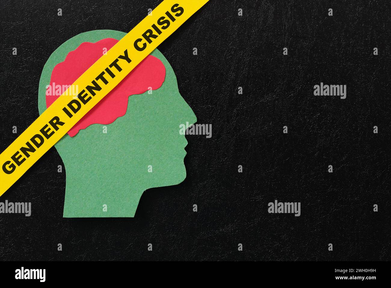 Profil de tête humaine avec mot crise d'identité de genre sur fond noir foncé. Banque D'Images