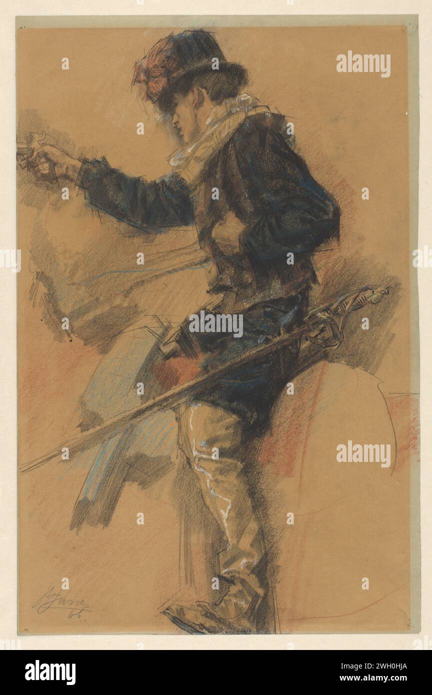 Soldat à cheval, en gestation espagnole avec canon tiré, Johannes Hendricus Jurres, 1885 - 1946 papier à dessin. forces terrestres de craie (+ cavalerie, cavaliers) Banque D'Images