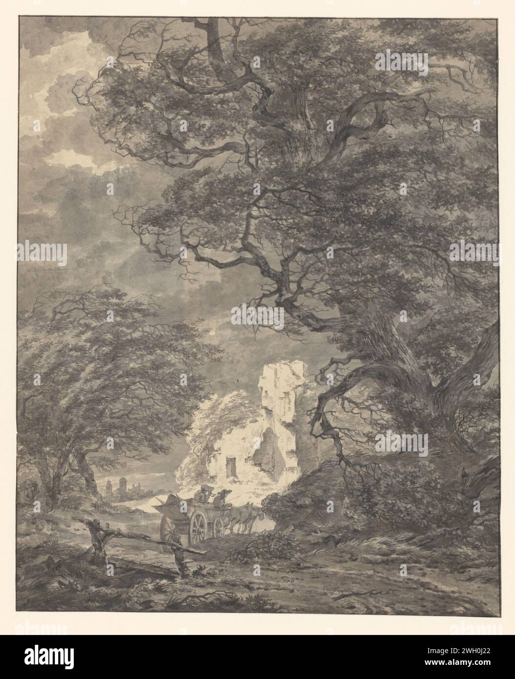 Paysage avec deux figures dans une voiture, P. Pfeiffers, 1700 - 1800 papier à dessin. encre. paysage de pinceau de craie avec des ruines (+ city(-scape) avec des figures, personnel) Banque D'Images