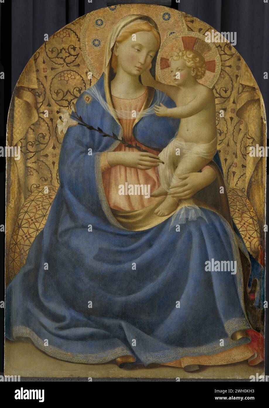 Madonna de l'humilité, Fra Angelico, v. 1440 peinture Madonna avec du lis. Assise Marie avec un lis dans sa main droite, le bras gauche autour des jambes de l'enfant Christ debout sur ses genoux. Panneau Florence. Tempera peinture Marie assise ou intronisée, le Christ-enfant debout sur son genou (Christ-enfant à gauche de Marie). 'Madonna dell'UmiltÃ ' (habituellement Marie allaite le Christ-enfant tout en étant assise sur le sol). Symboles de Marie. fleurs : lily Banque D'Images