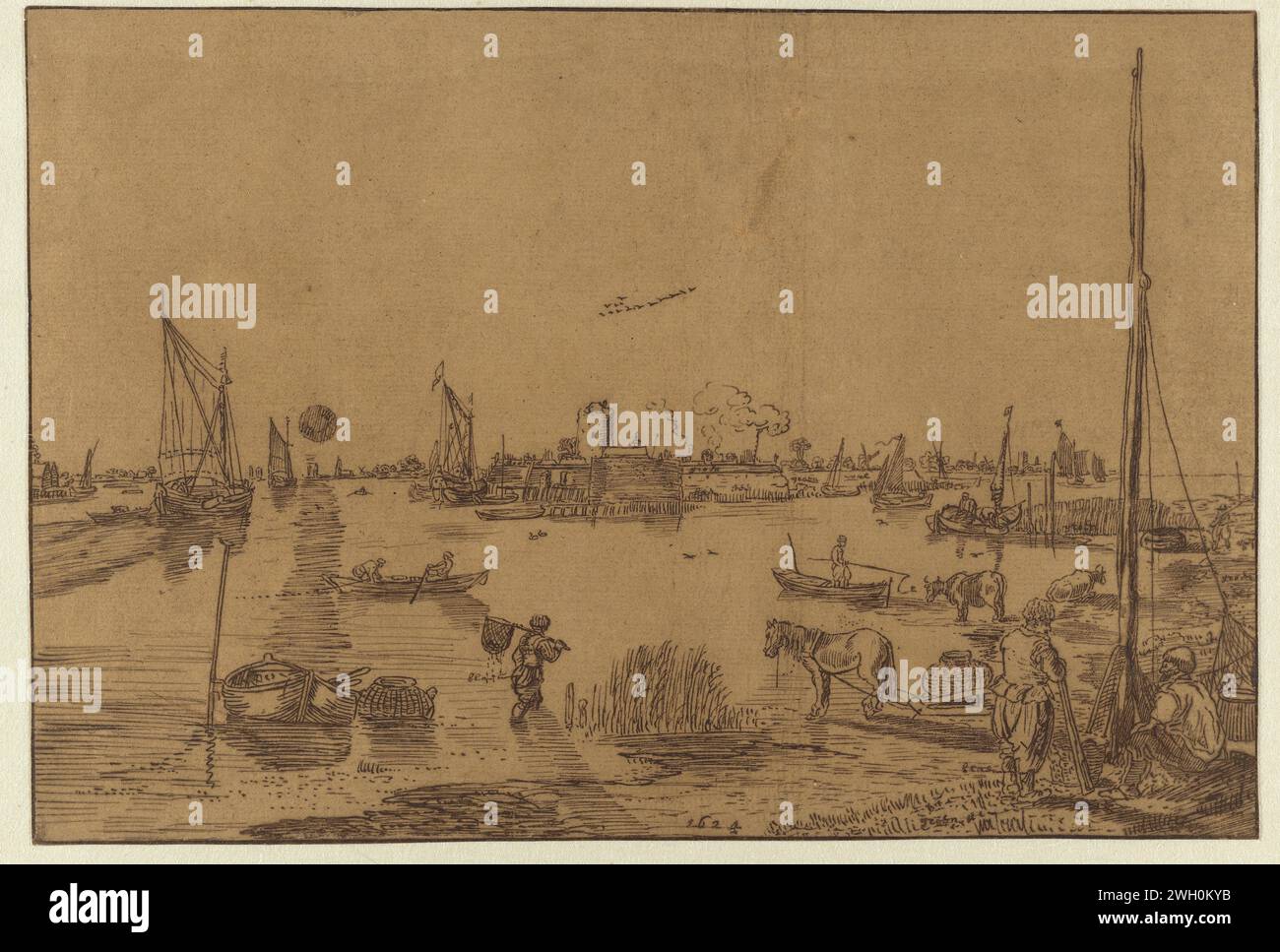 Paysage du soir avec des pêcheurs, Hendrick Avercamp (éventuellement), 1624 dessin vue d'une large rivière avec des pêcheurs sur la rive et sur l'eau. papier. stylo à encre perspective de ville, panorama de ville, silhouette de ville (+ city(-scape) avec des chiffres, staff). rivière (+ paysage avec chiffres, personnel) Banque D'Images