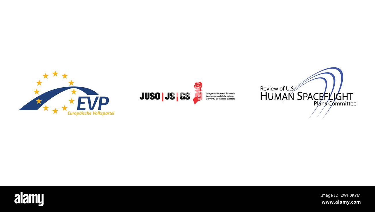 PPE EVP Allemand, jeunes socialistes Suisse, Commission Augustine. Emblème de marque éditoriale. Illustration de Vecteur