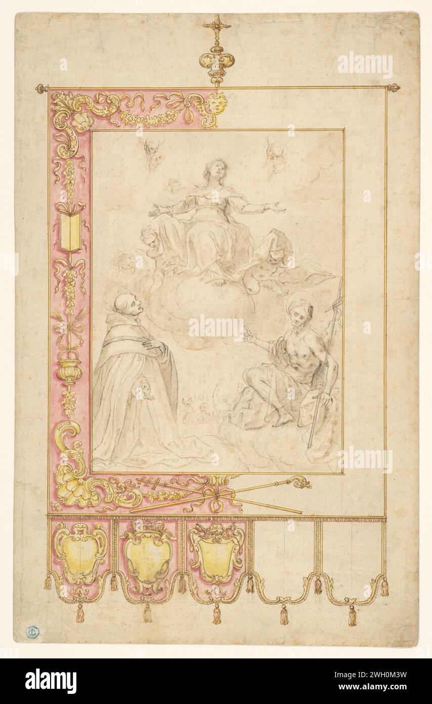 Dessin pour une bannière, giovanni battista foggini (attribué à), c. 1722 - c. 1725 dessin dessin pour le bord d'une bannière, avec des armoiries pour l'arme papale et les armes des médecins. Au milieu du terrain, il y a un croquis de Marie à Hemel avec Jean le Baptiste et peut-être le Saint Dominicus, probablement sur une toile existante. Florence Paper. encre. brosse à craie Banque D'Images