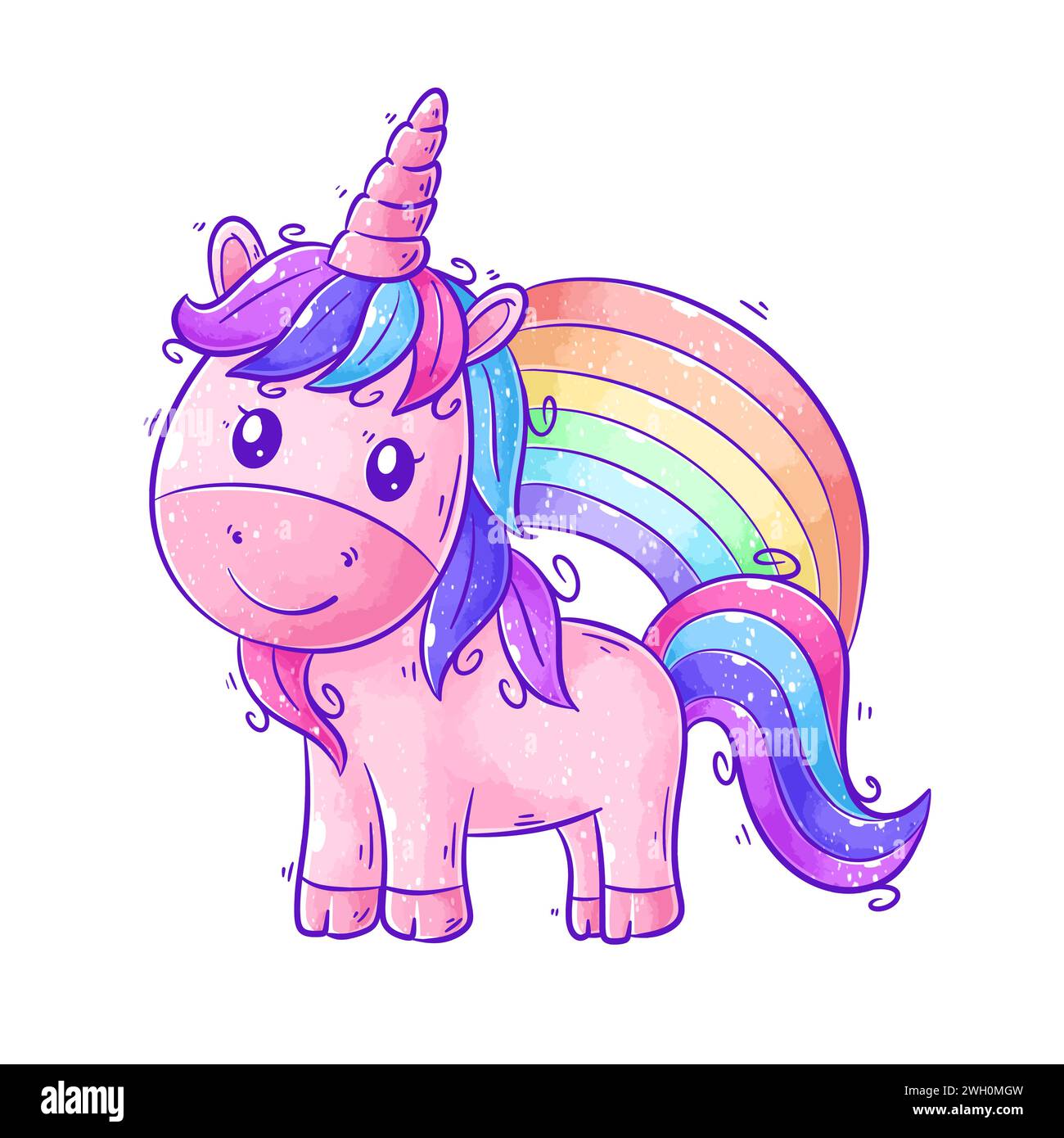 Mignonne licorne debout devant le vecteur de dessin animé arc-en-ciel Illustration de Vecteur