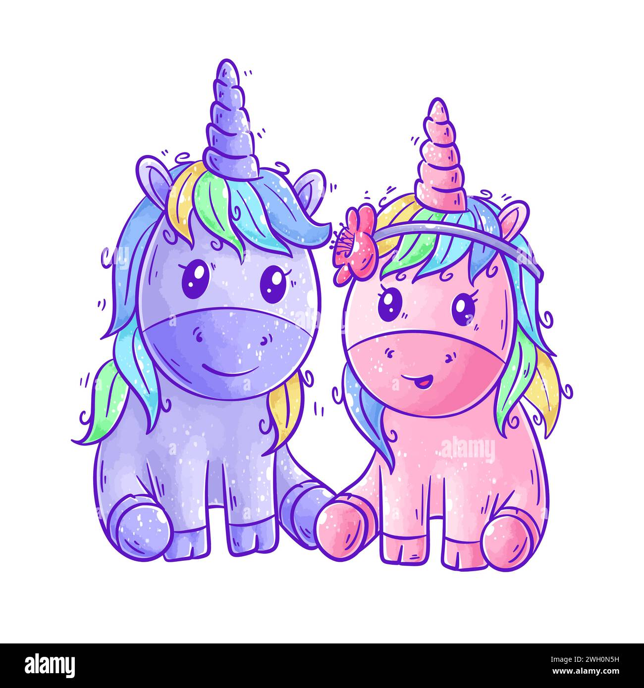 Deux licornes mignonnes sont assis ensemble vecteur de dessin animé Illustration de Vecteur