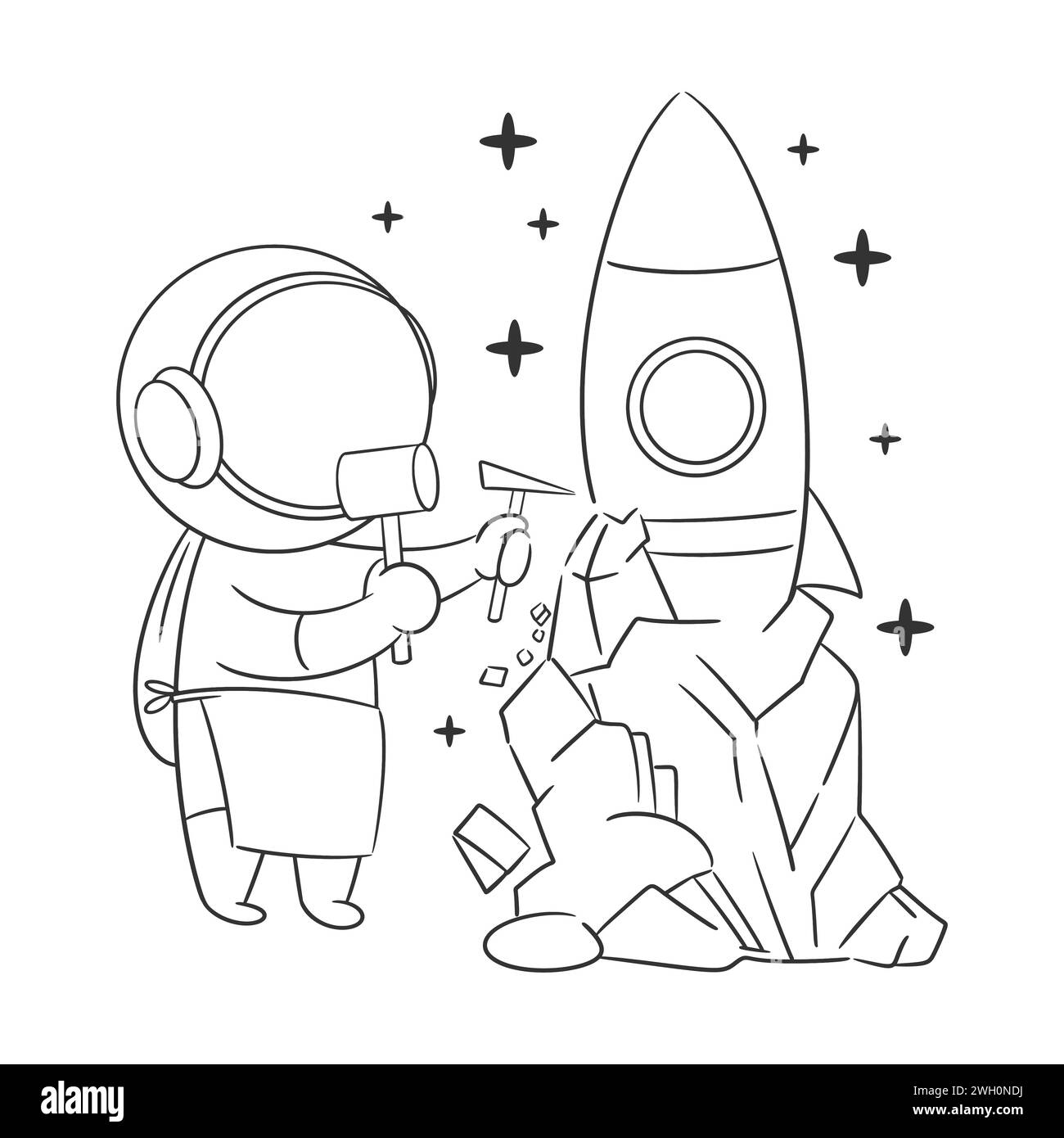 Les astronautes sculptent la roche en fusées pour les colorer Illustration de Vecteur