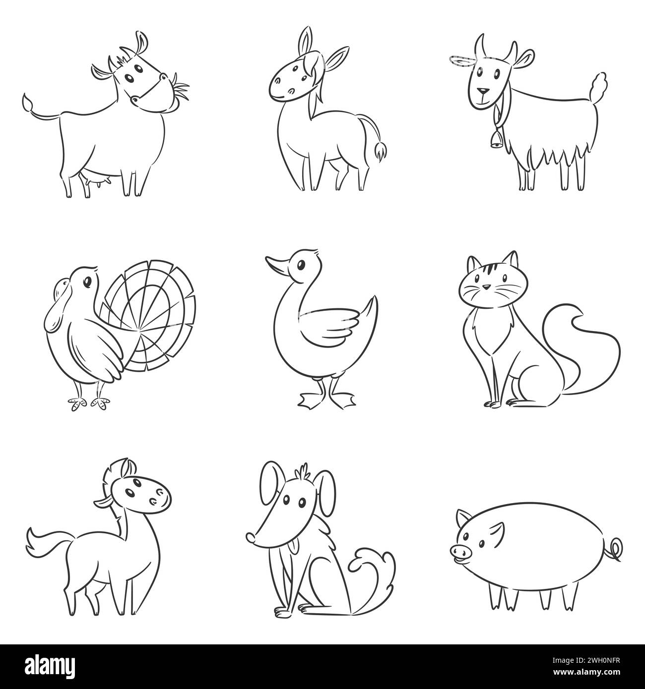 Ensemble de caractère vecteur de dessin animé animal pour la coloration Illustration de Vecteur