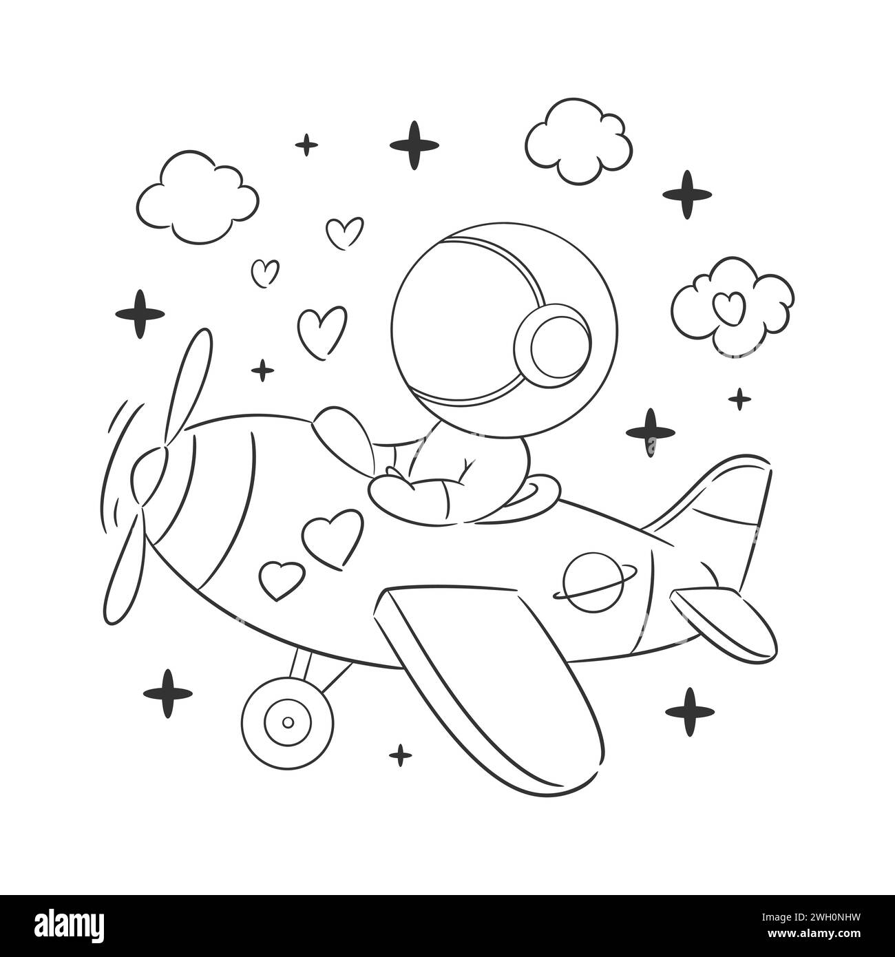 Astronaute conduit un avion dans le ciel pour colorer Illustration de Vecteur
