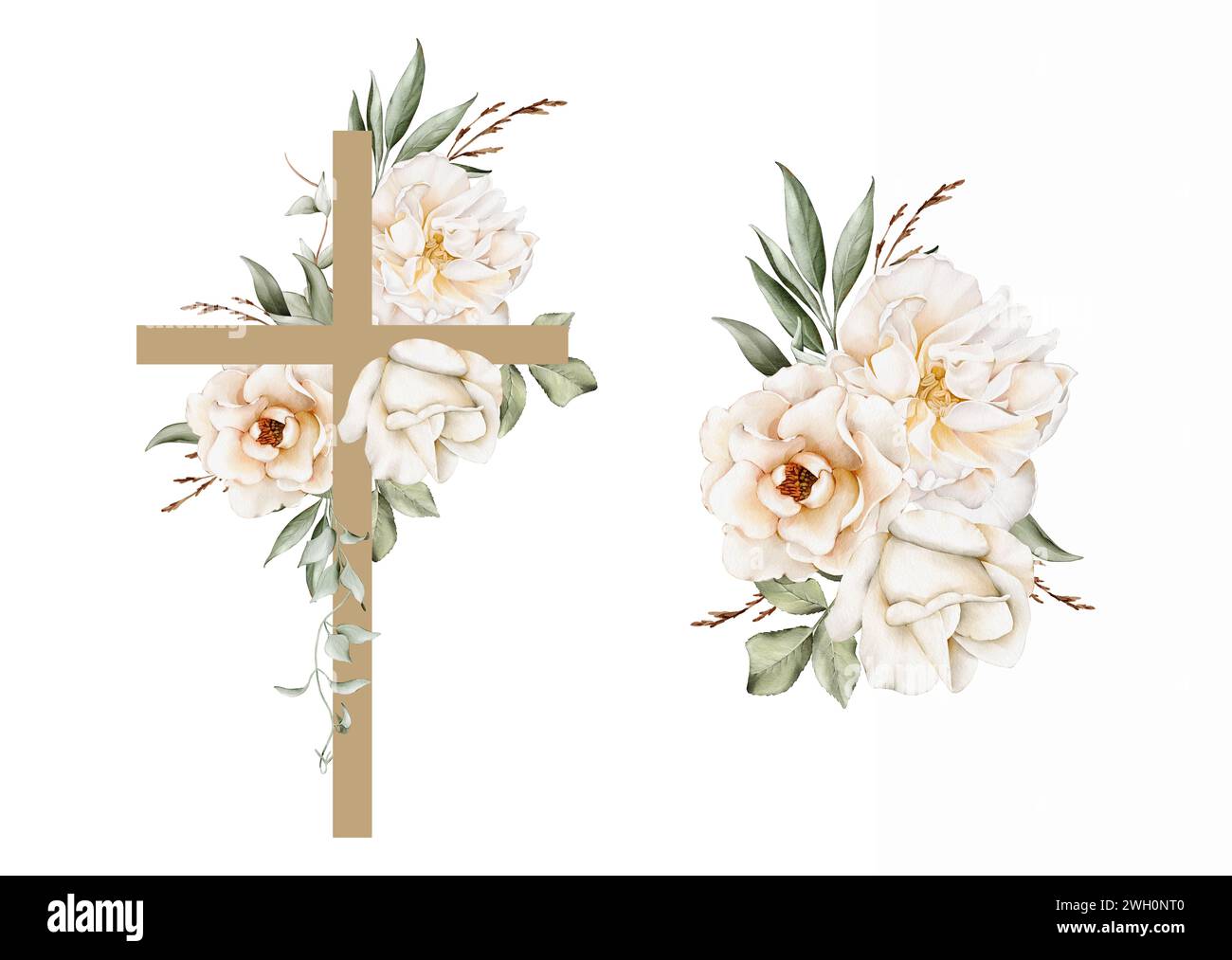 Un ensemble de croix florale et bouquet avec des fleurs blanches douces. Illustrations isolées à l'aquarelle. Clipart pour le design de Pâques, Epiphanie, Christening, FIRS Banque D'Images